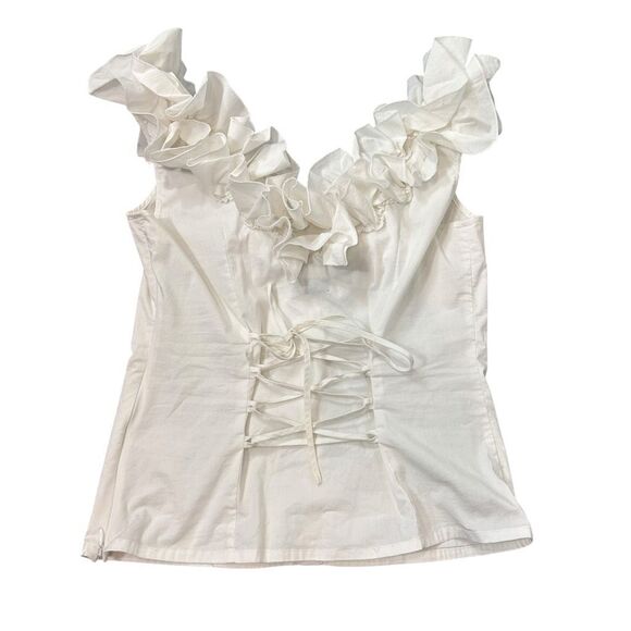 Boston Proper Blouse Vintage Top Sz 10 White Ruffle Neck Button Lace Up Corset - Picture 5 of 10